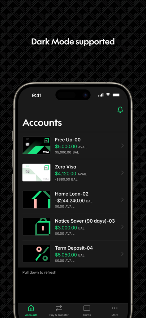 Kiwibank mobile banking app dashboard displaying account balances and loan details in dark mode.