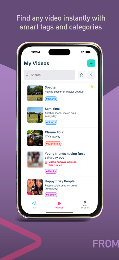 Video Tagger - Video Tagger app interface showing a list of videos organized with custom color-coded category tags like Sports and Family
