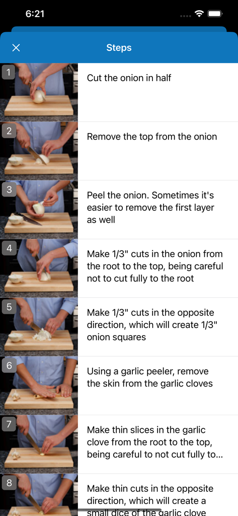 VizChefアプリの玉ねぎとニンニクの準備のためのビジュアルステップバイステップガイド