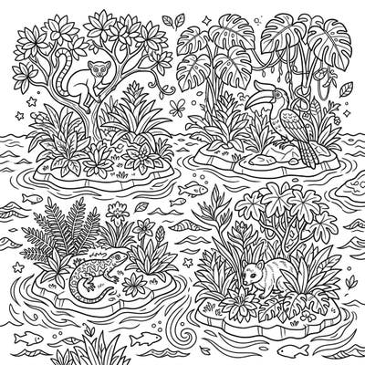 Dive into a captivating coloring journey across vibrant Wildlife Islands, home to an array of unique and endemic species. This intricate design invites you to bring a rich tapestry of animals and lush vegetation to life with your favorite colors.