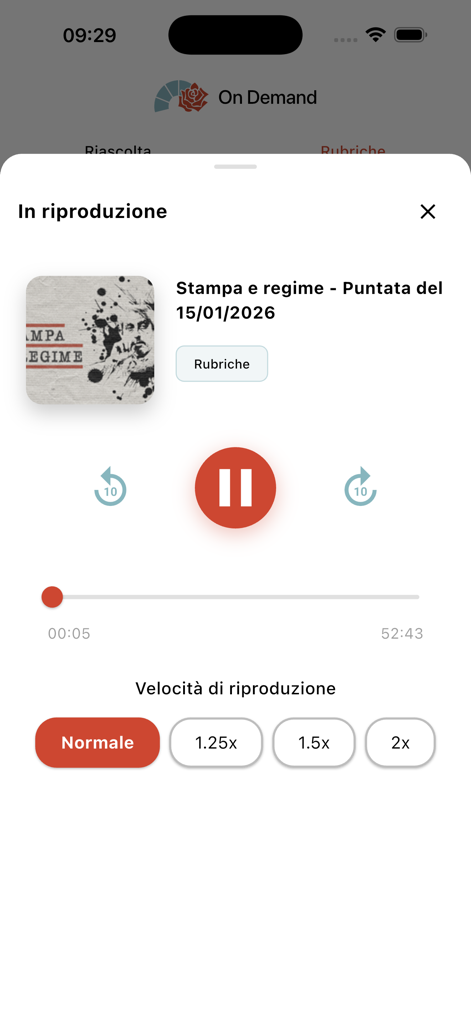 Radio Radicale - Interface do player de áudio do aplicativo Rádio Radicale mostrando controles de velocidade de reprodução e botões de avanço/retrocesso de mídia