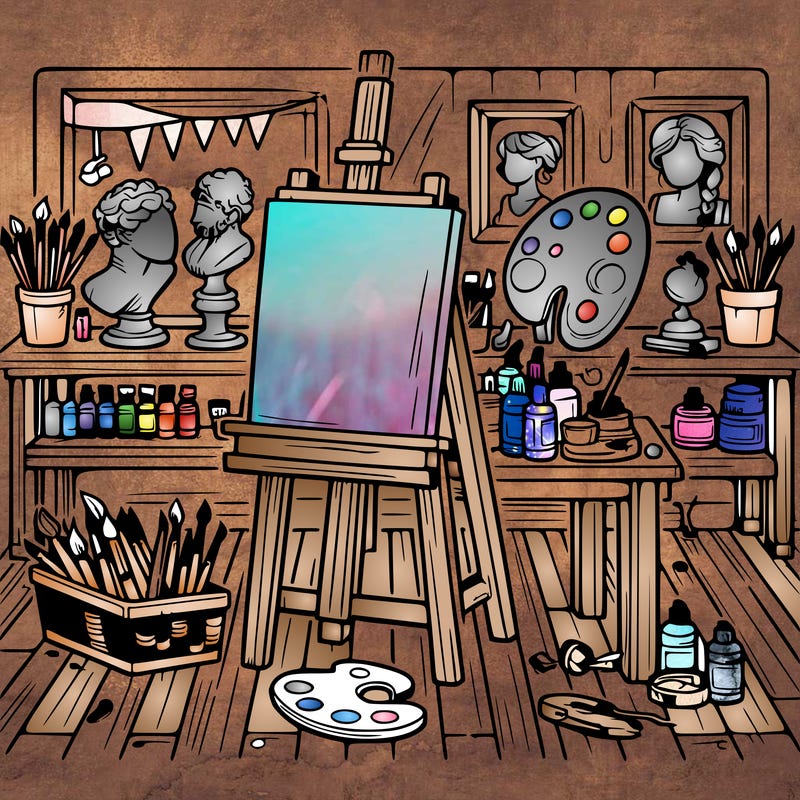 an art studio with canvases, paints, and sculptures