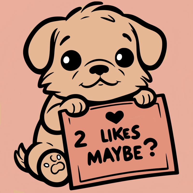 a puppy holding a sign that says 2 likes maybe?