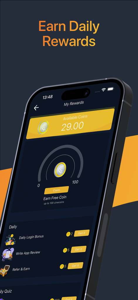 Mobile screen of Cinemaghar app showing daily rewards and available coins.