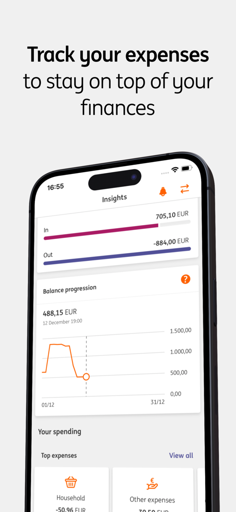 ING Banking app screen showing financial insights and expense tracking