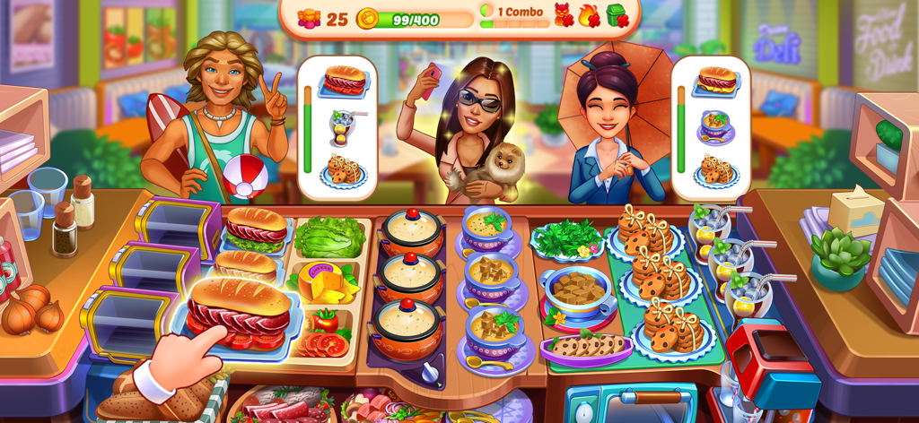 Cooking Time: Cooking Game - Un mostrador de cocina ajetreado en el juego Cooking Time con clientes pidiendo hamburguesas y galletas