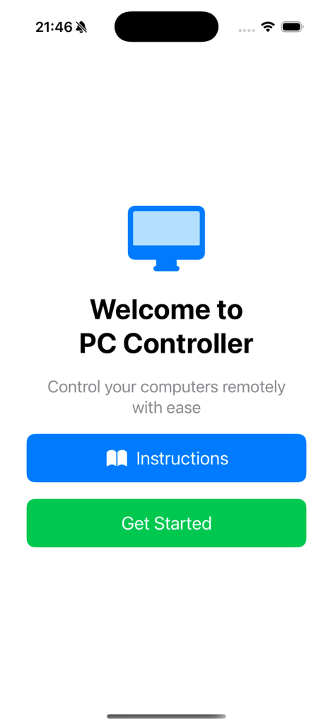 La pantalla de bienvenida de la aplicación Control PC que muestra un icono de computadora y botones para comenzar o ver instrucciones.
