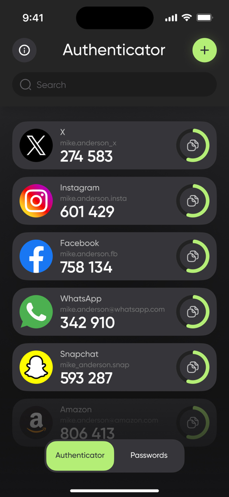 Authenticatorアプリのメイン画面に、それぞれ二要素認証セキュリティコードが付いたアカウントのリストが表示されます。