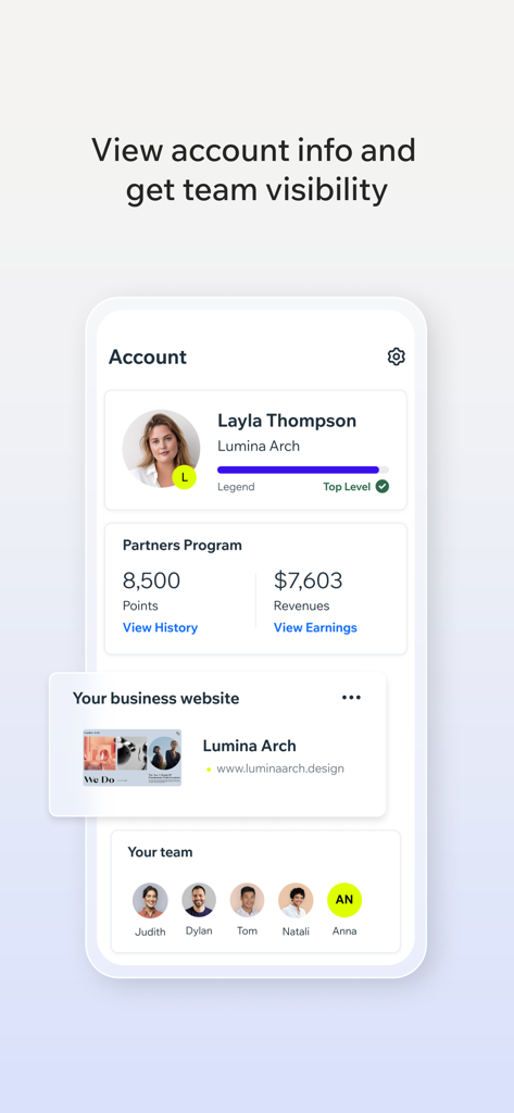 Wix Studio - Wix Studio App-Oberfläche, die Kontodetails, Partnerprogramm-Punkte, Umsatz und Teammitgliederverwaltung anzeigt.