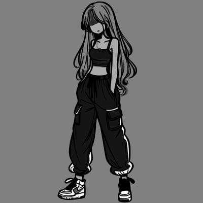 girl in baggy pants crop top and long hair