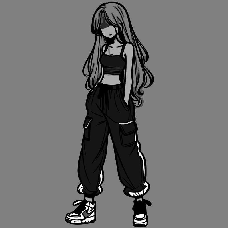 girl in baggy pants crop top and long hair