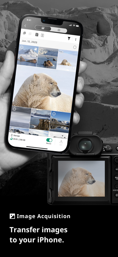 Trasferimento di immagini da una fotocamera Fujifilm a un iPhone utilizzando l'interfaccia FUJIFILM XApp.