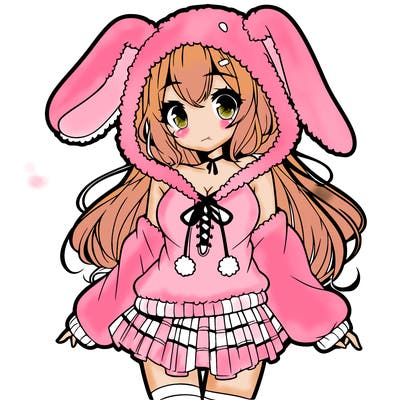 pretty anime girl wearing a fluffy hoodie with bunny ears on the hood and a skirt