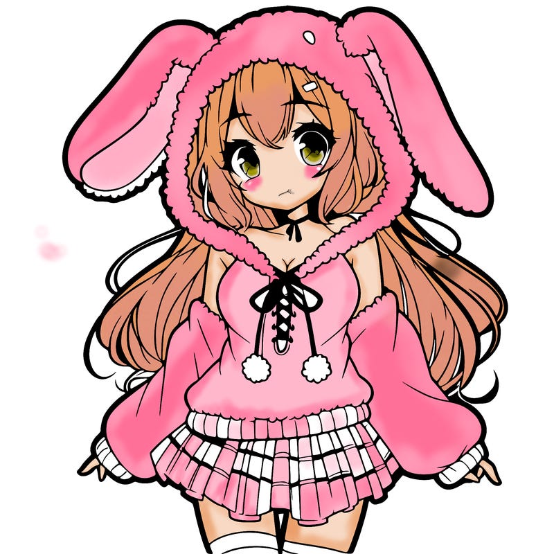 pretty anime girl wearing a fluffy hoodie with bunny ears on the hood and a skirt