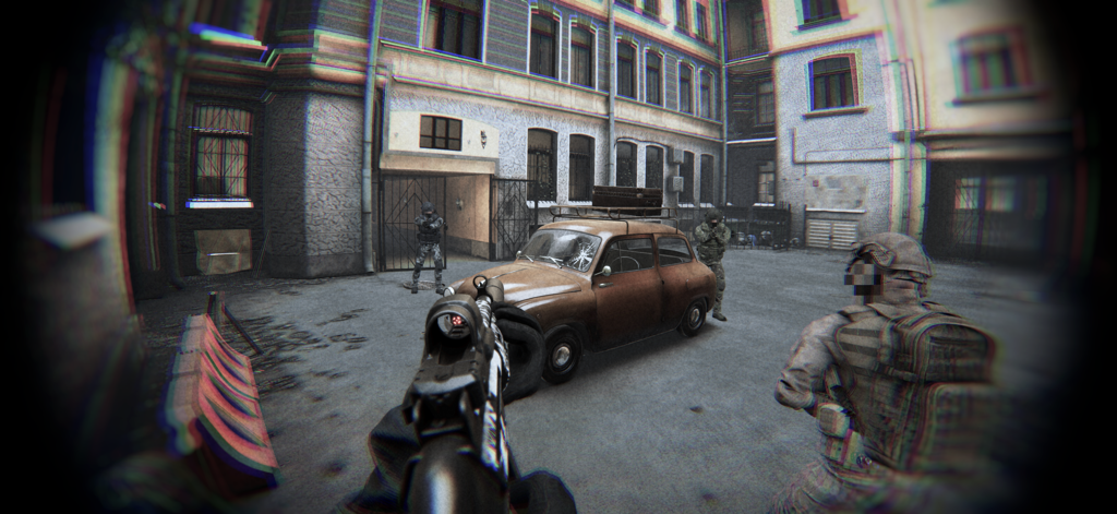 Tactical first person shooter gameplay with a realistic bodycam perspective in an urban courtyard