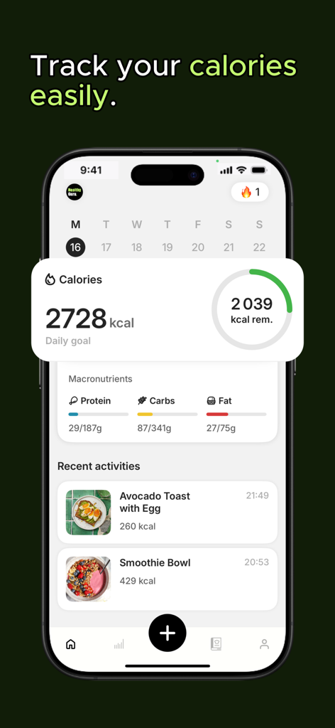 Healthy Guru - Dashboard der Healthy Guru App, das die tägliche Kalorienaufnahme und den Fortschritt bei den Makronährstoffen anzeigt