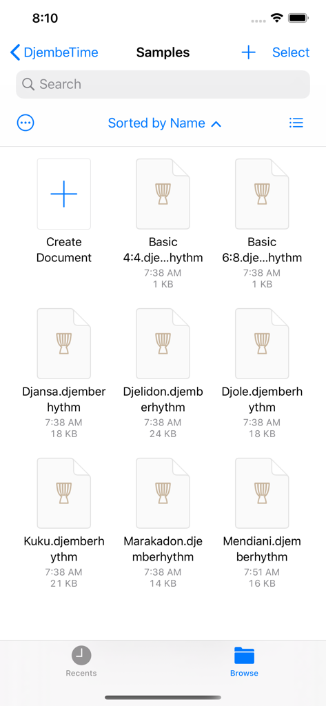 Pantalla de la aplicación DjembeTime que muestra una biblioteca de archivos de ritmos de percusión de África Occidental como Djansa y Kuku
