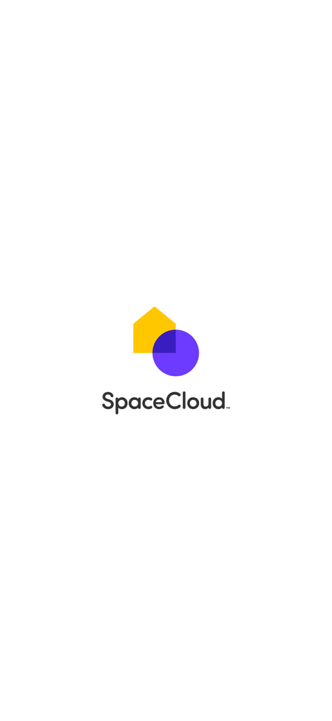 SpaceCloud logo with a yellow house and purple circle on a white splash screen