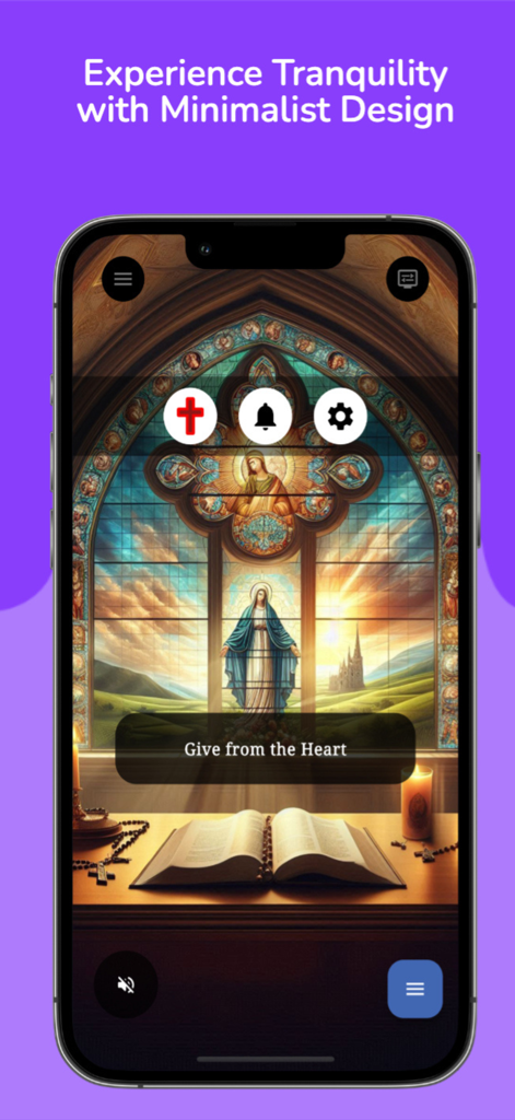 Home screen of the Rosary Meditation Guide app featuring a peaceful religious illustration with the Virgin Mary and an open Bible