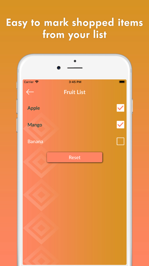 Interface of the meal planner app showing a fruit shopping list with checkboxes for items