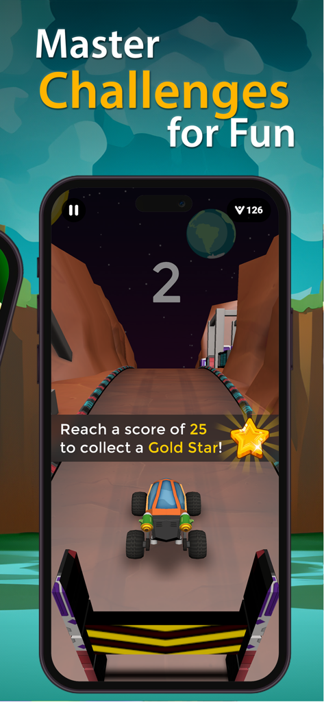 Captura de pantalla del juego Big Time Games mostrando un desafío de conducción de coches para ganar una recompensa de estrella de oro.