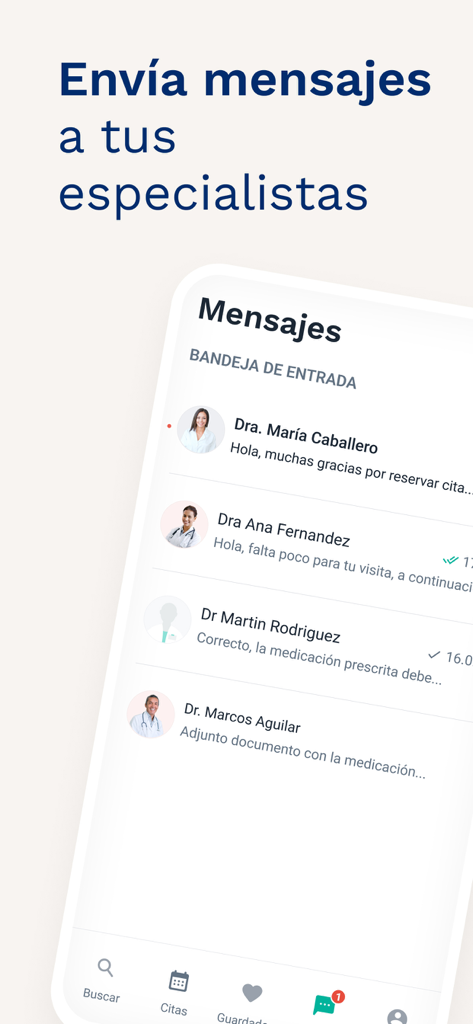 Interface do aplicativo Doctoralia mostrando uma caixa de entrada com mensagens de diferentes especialistas médicos