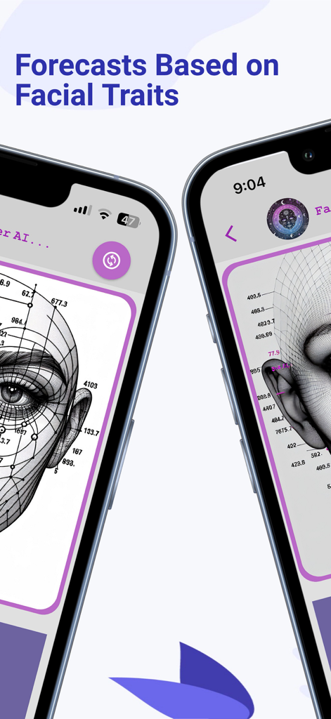 Face Reader AI: Insights - Two mobile phone screens showing Face Reader AI app featuring 3D facial wireframe mapping and life forecasts based on facial traits
