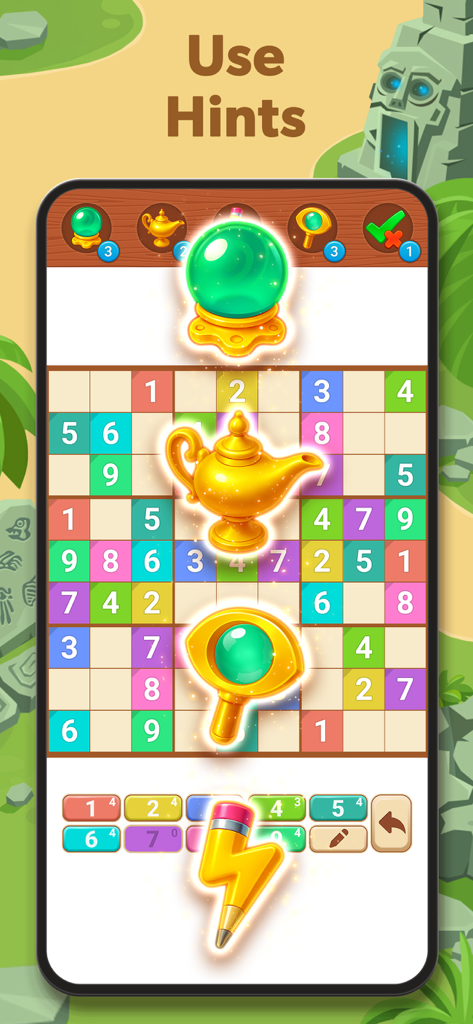 Sudoku Quest mobile game screenshot showing a color-coded puzzle grid and fantasy power-up icons like a magic lamp and crystal ball