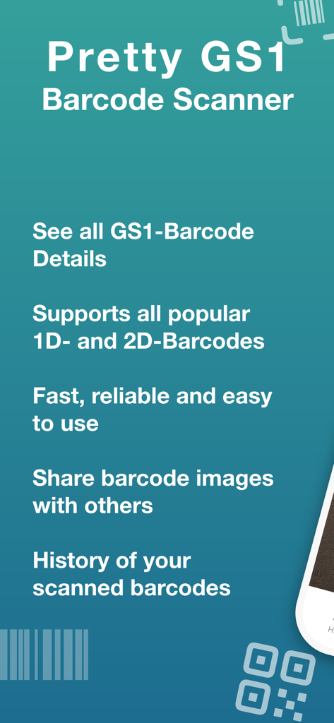Overview of Pretty GS1 Barcode Scanner features including support for 1D and 2D barcodes and scan history