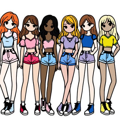 a group of girls wearing crop tops and shorts