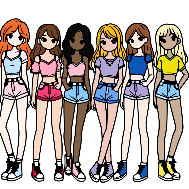 a group of girls wearing crop tops and shorts