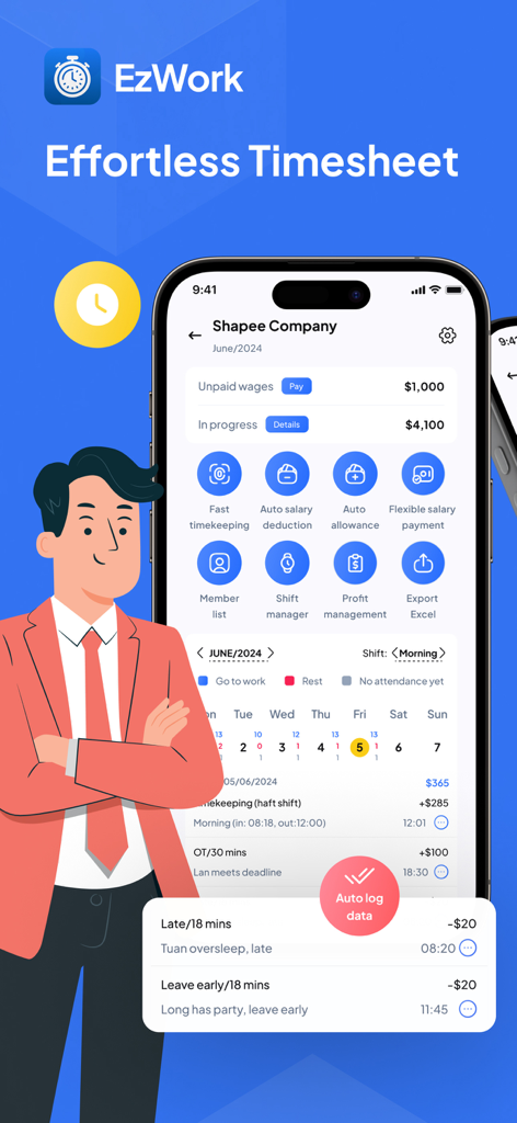 Timesheet & Payroll: EzWork - EzWork 모바일 앱 인터페이스, 직원 출퇴근 기록 및 급여 관리 대시보드 표시