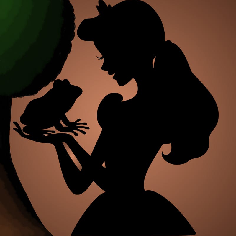 a shadow of a princess holding a frog realistic