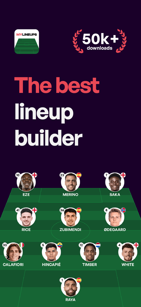 Aplicativo construtor de escalações de futebol mostrando ícones de jogadores profissionais em um layout de campo tático.