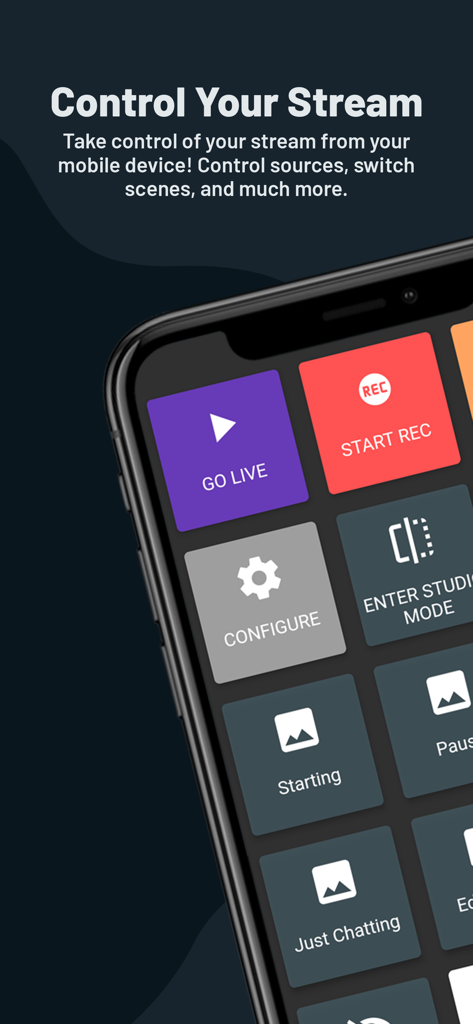 Streamlabs Controller - Streamlabs Controller app interface on a smartphone showing stream control buttons like Go Live and Start Recording