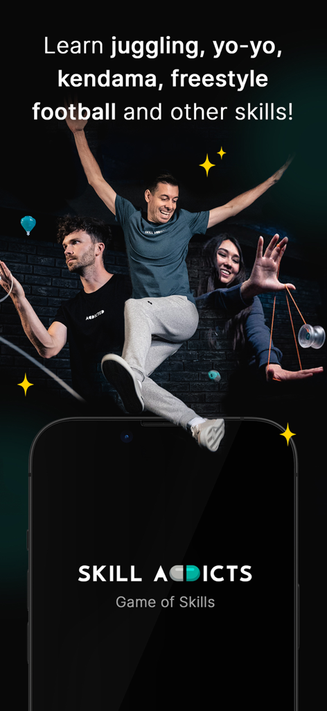 Skill Addicts – Play & Learn - Skill Addicts app home screen showing people practicing yoyo and juggling tricks with the text learn juggling yo-yo and kendama