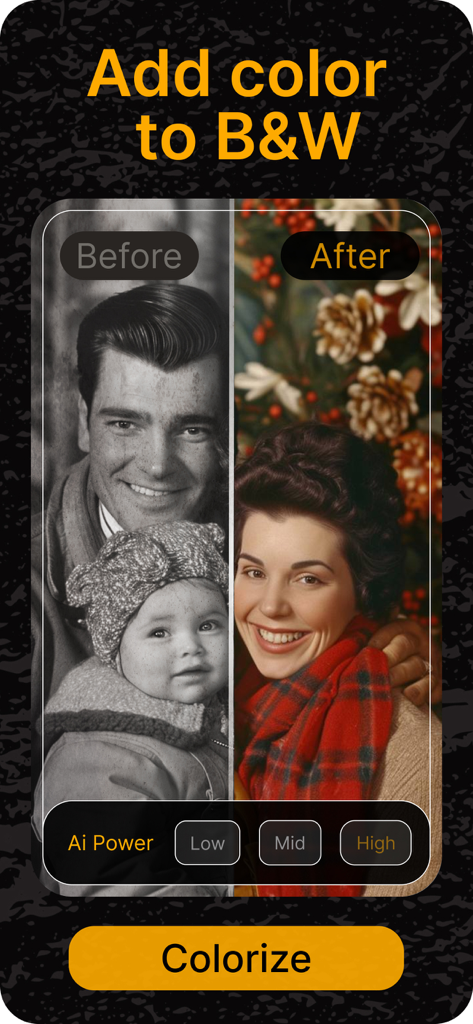 Una comparación de pantalla dividida que muestra una foto familiar en blanco y negro antes y después de ser coloreada con la aplicación RetroFix.