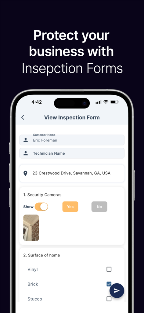 Mobile app interface showing a business inspection form with property details and checklists