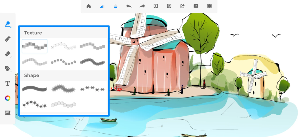 Drawing ▫ - Um desenho digital de paisagem de moinhos de vento e um rio com uma textura de pincel e menu de seleção de forma na interface do aplicativo Drawing.