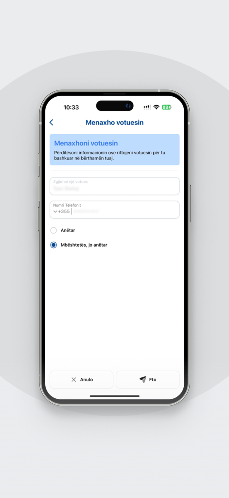 Mundësia - Mobile application interface for managing and inviting voters with options for member or supporter status.