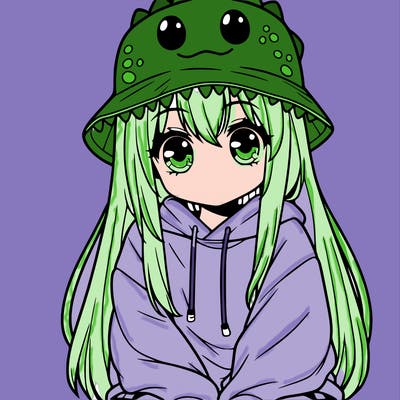 girl with anime shaped eyes with a dinosaur bucket hat oversized sweatshirt long straight hair
