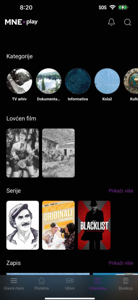 MNE Play - MNE Play mobile app screen showing categories like TV archive and documentaries along with movie and series posters