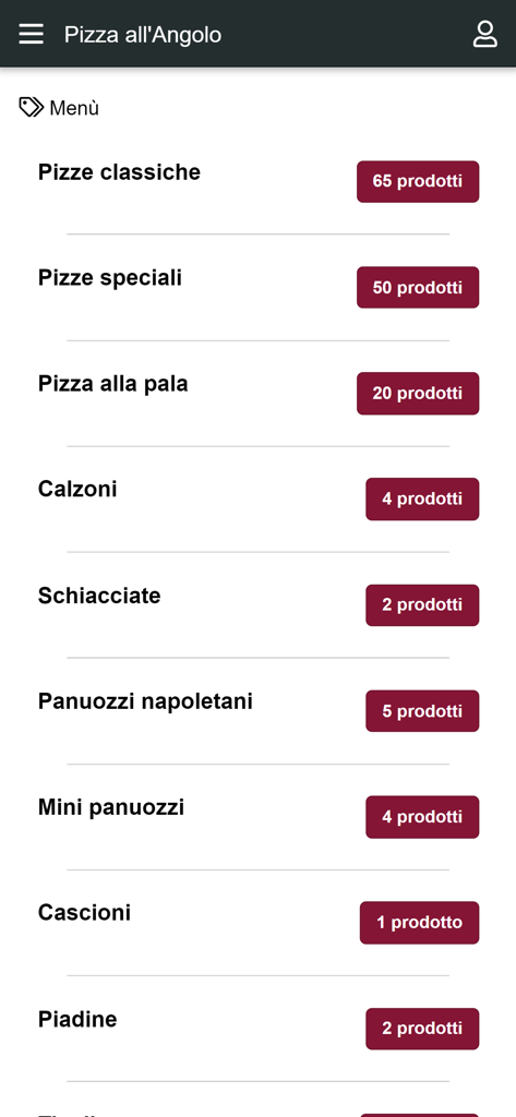 Pizzeria all'Angolo - Menu screen of the Pizzeria all Angolo mobile app listing pizza and food categories