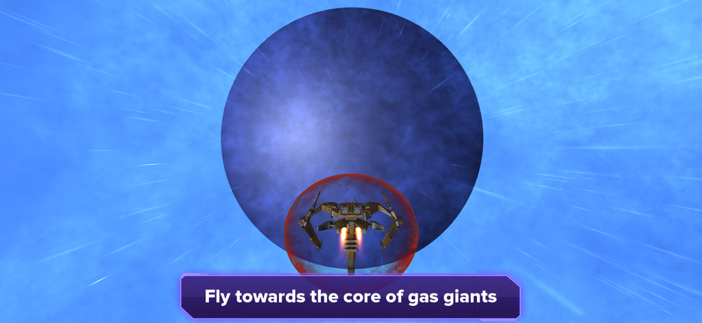 Stars and Planets - Astronomy - A 3D simulation of a spacecraft flying towards a large blue gas giant planet in the Stars and Planets app
