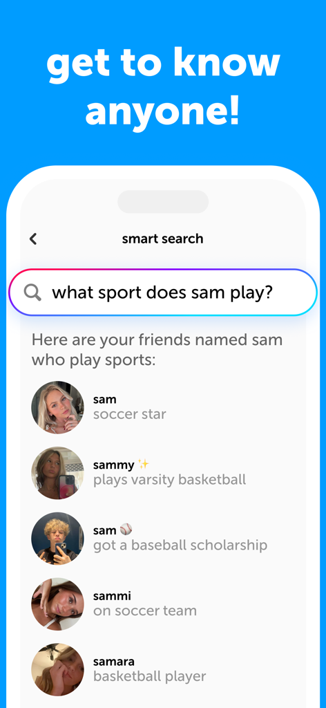 Mobile app interface of Sendit showing a smart search for friends named Sam who play sports.