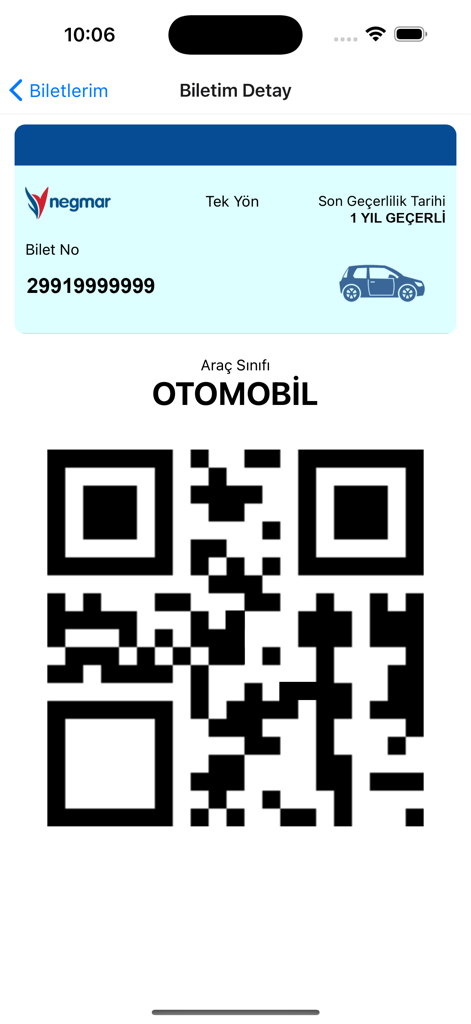 Bilhete de ferry digital com um código QR para um automóvel na aplicação móvel Negmar
