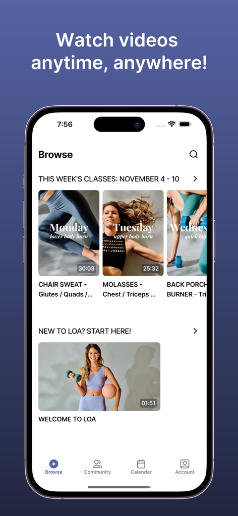 Interface of the Loa Movement app showing a browse screen with weekly workout classes and a welcome video led by a Doctor of Physical Therapy.