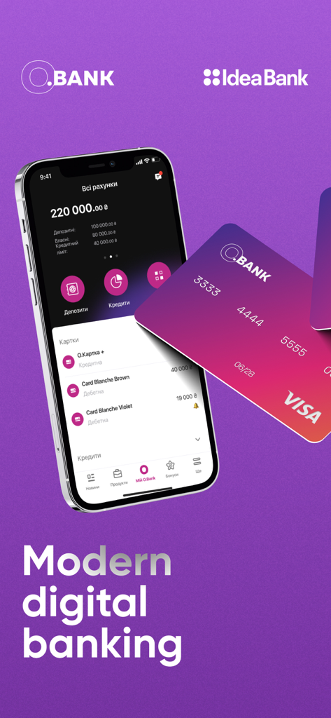 OBank UA mobile banking app interface showing account balance and credit cards