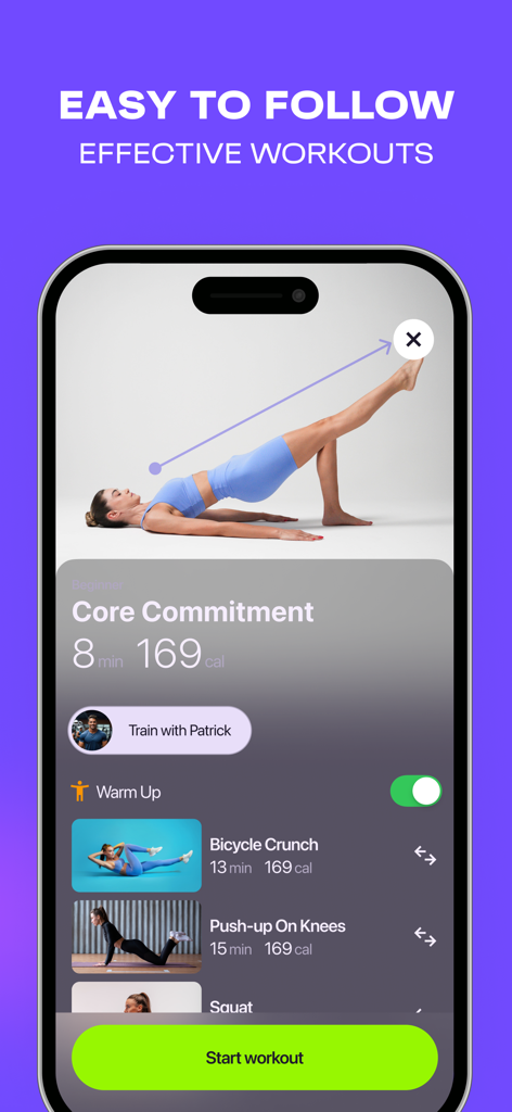 FitEase mobile app interface showing a personalized core workout plan with easy to follow exercises.