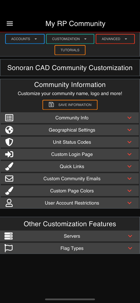 Sonoran CAD - Sonoran CAD community customization interface showing settings for roleplay gaming communities like unit status codes and custom page colors.